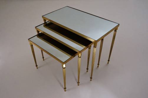 Maison Bagues nesting tables, brass & mirror, 1969, French